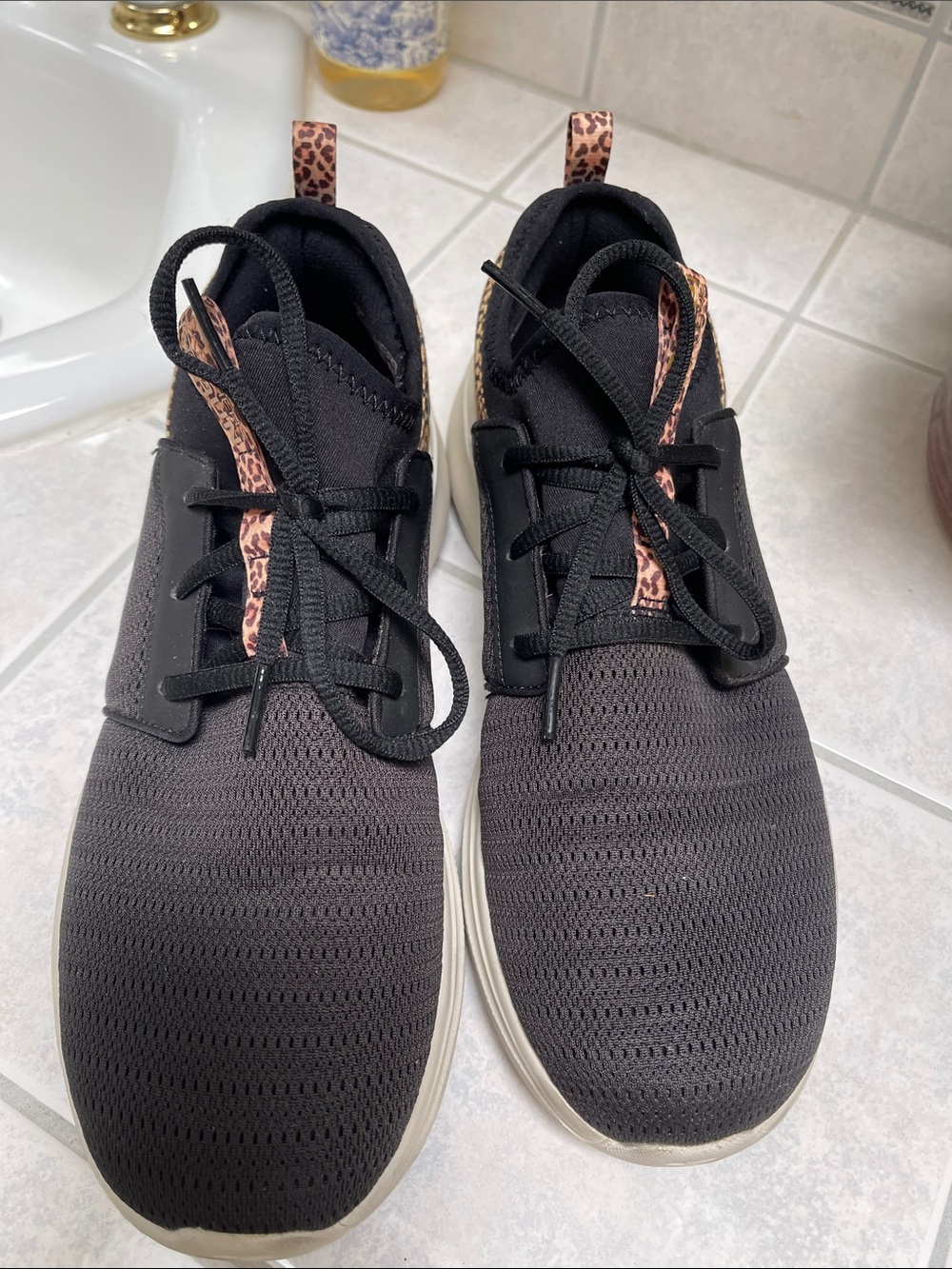 Skechers Black Knit Athletic Sneakers with Leopard Accent